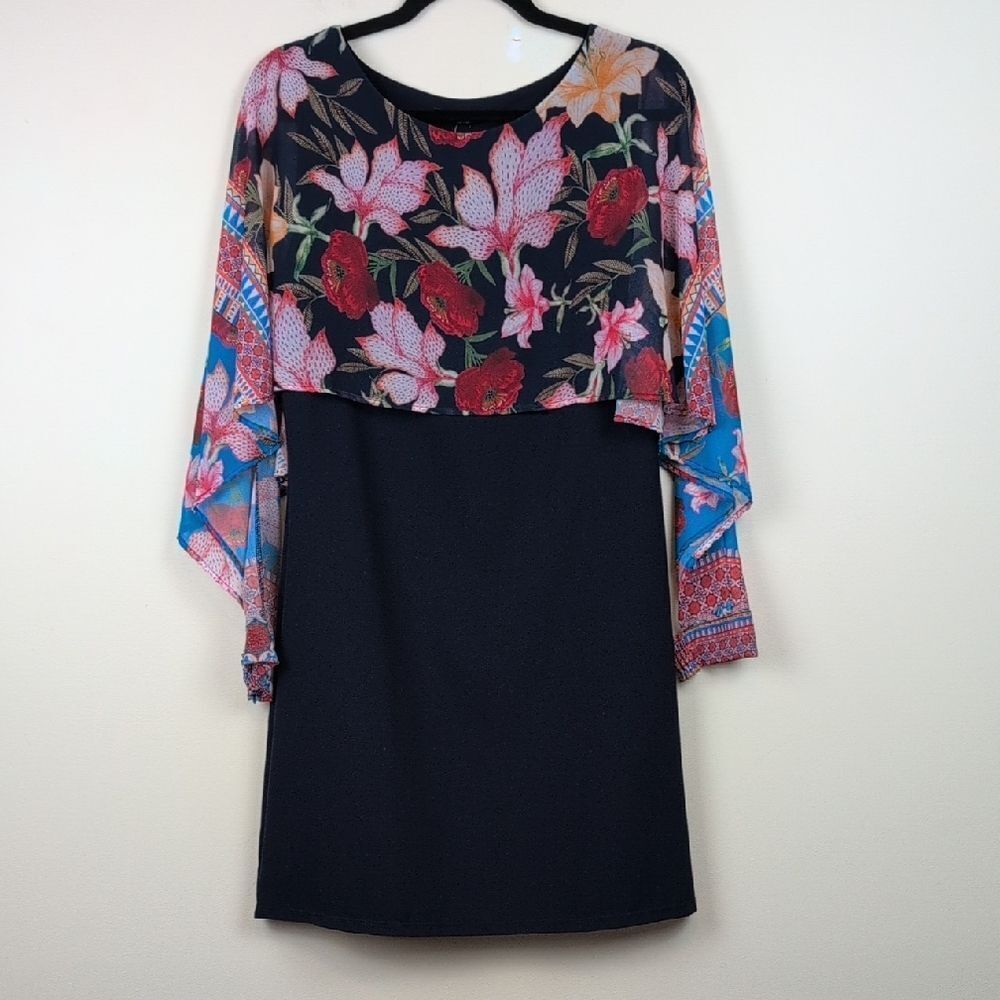 Desigual Navy Olivia Shift Dress Sheer Floral Cape Overlay Size 40/Size 6 NWT